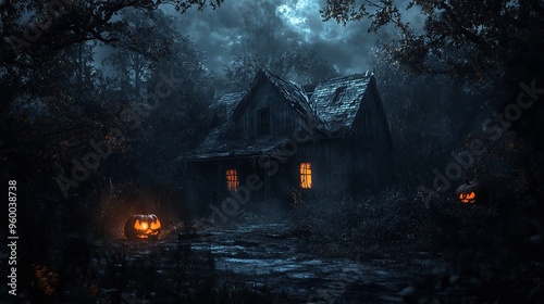 Atmospheric Haunted House Scene: Ideal Background For Horror-Themed Promotions Or Halloween Event Marketing