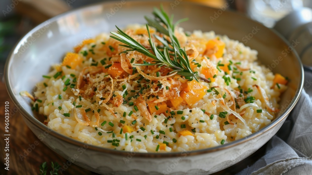 Savory Pumpkin Rice Dish in Rustic Bowl. Butternut Squash Risotto with Crispy Leeks Savory Pumpkin Rice Dish in Rustic Bowl. Butternut Squash Risotto with Crispy Leeks