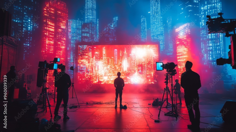 Futuristic movie set with neon cityscape Futuristic movie set with neon cityscape