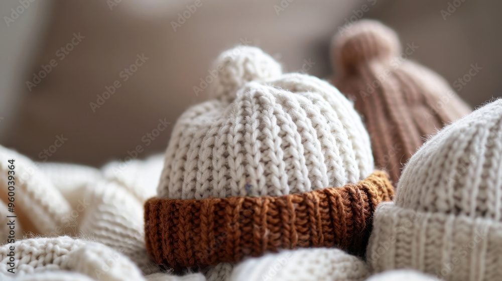 Cozy Knitted Winter Hats Display on a Comfortable Couch Cozy Knitted Winter Hats Display on a Comfortable Couch