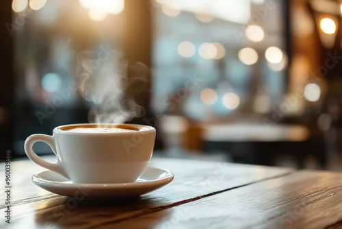 Obraz Steaming coffee cup on wooden table in cozy cafe