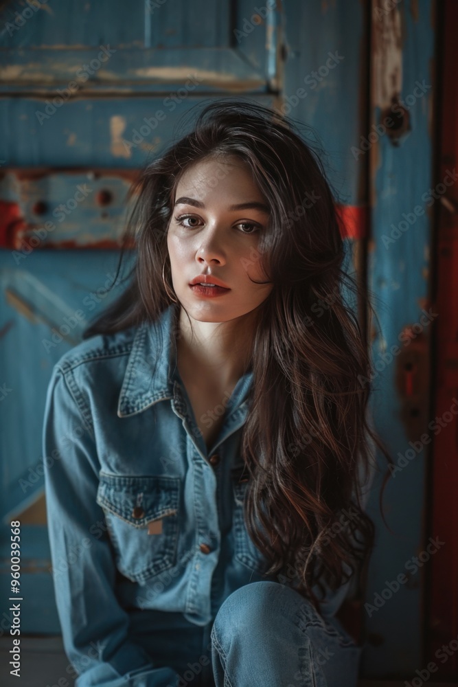 Stunning Young Woman in Casual Denim Outfit Posing by Blue Door Stunning Young Woman in Casual Denim Outfit Posing by Blue Door