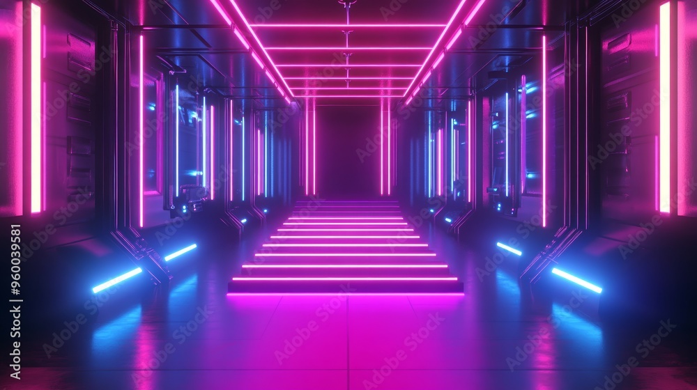 Fototapeta premium Neon light background cyberpunk stage wallpaper. 3d rendering