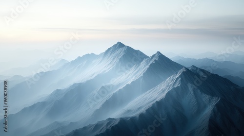 Fototapeta Naklejka Na Ścianę i Meble -  A breathtaking serene mountain range covered in mist during dawn, showcasing the tranquility and pristine nature of the landscape with soft light and shadows.