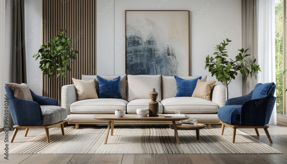 Fototapeta premium Modern Living Room Interior with Blue Accents and Green Plants