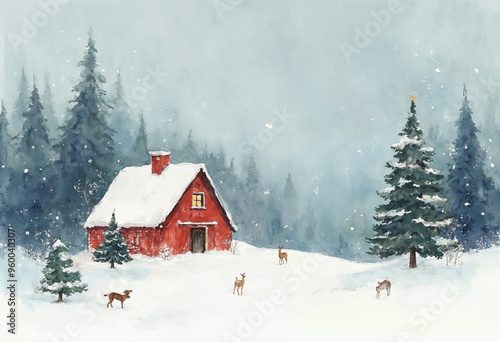 Illustration of Watercolor Christmas Landscape, New Year Background