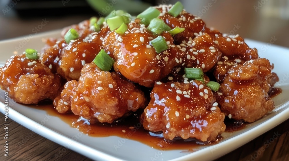 General Tso's chicken, deep-fried chicken coated in a spicy sauce. General Tso's chicken, deep-fried chicken coated in a spicy sauce.