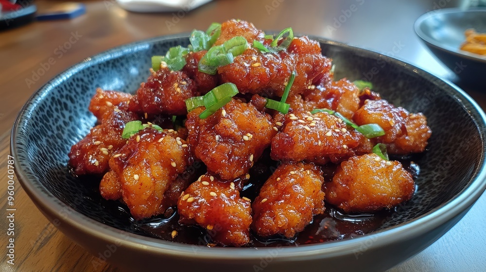 General Tso's chicken, deep-fried chicken coated in a spicy sauce. General Tso's chicken, deep-fried chicken coated in a spicy sauce.