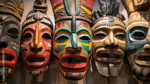 A collection of indigenous masks with vibrant colors and intricate designs, used in traditional ceremonies and cultural rituals.