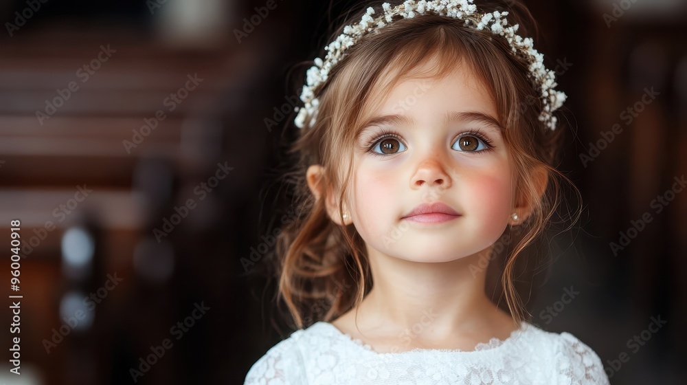 A portrait of a little girl with brown hair and big eyes, smiling gently, wearing a flower crown and a white dress, with a warm and inviting background. A portrait of a little girl with brown hair and big eyes, smiling gently, wearing a flower crown and a white dress, with a warm and inviting background.