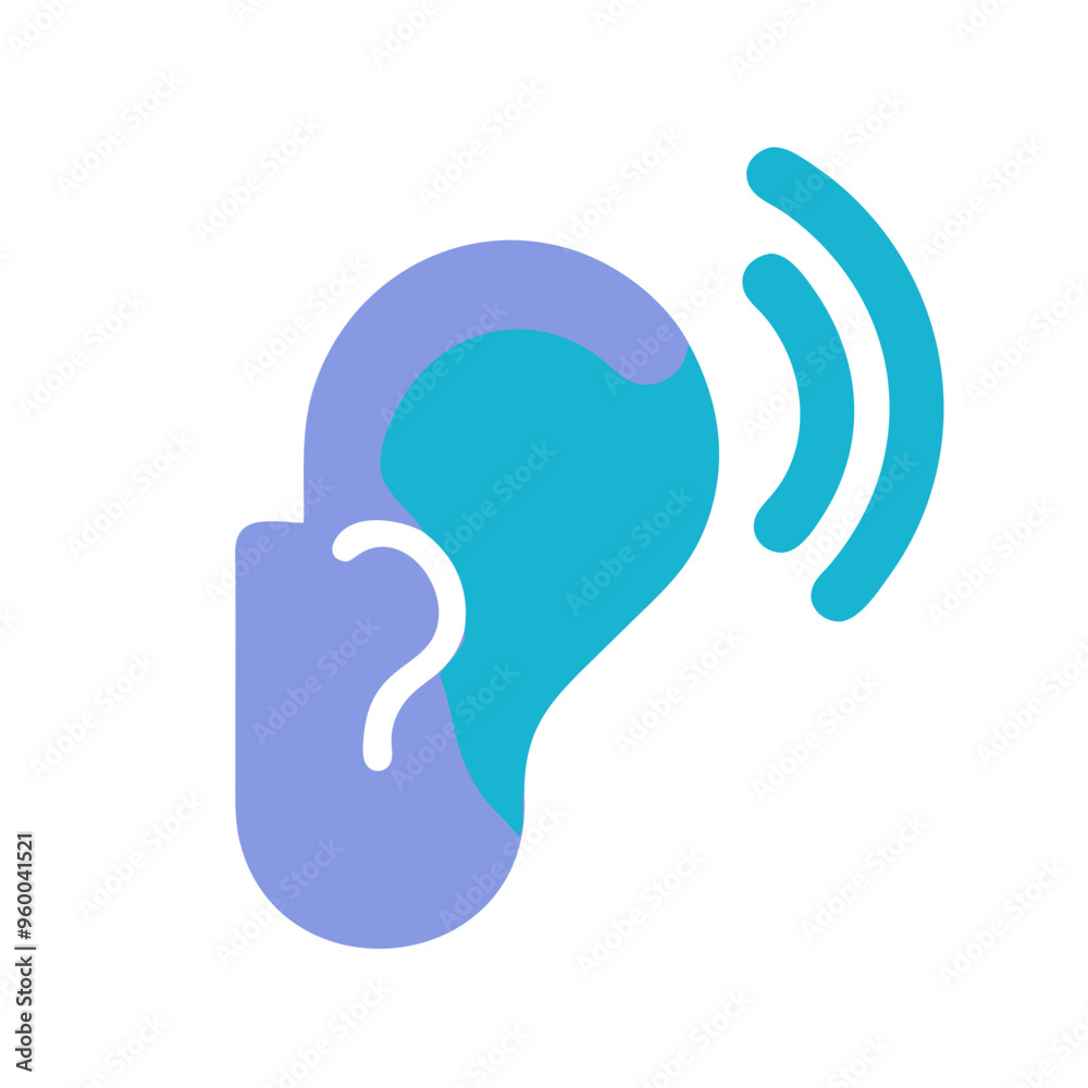 Obraz premium Ear with sound waves, minimalist icon, blue and purple colors, hearing and audiology