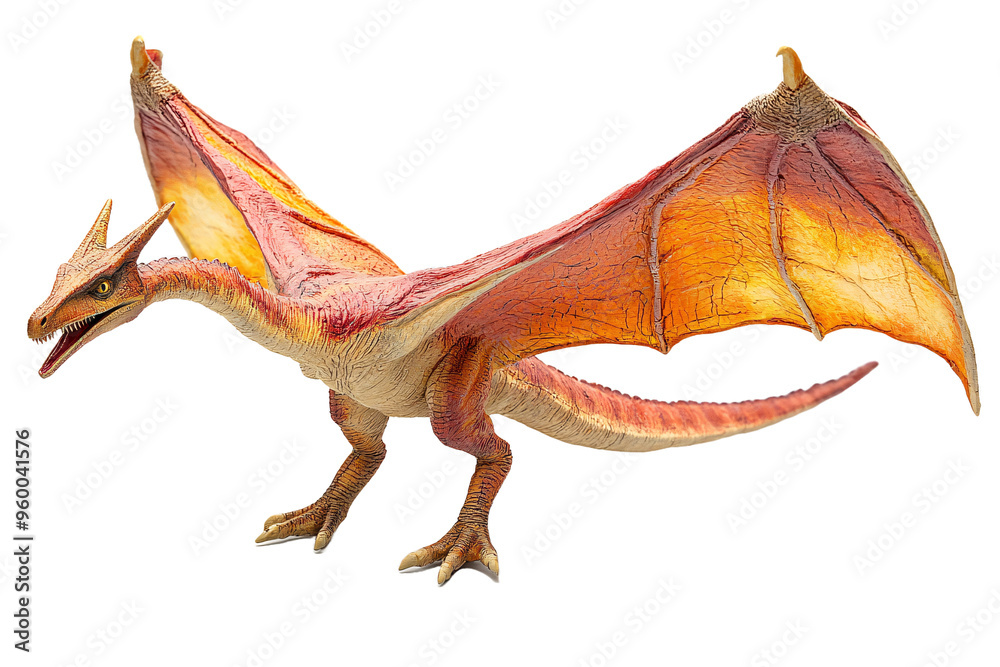 Pterosaur toy figure with large wings, dragon-like head, orange and red detailed texture, prehistoric flying reptile model Pterosaur toy figure with large wings, dragon-like head, orange and red detailed texture, prehistoric flying reptile model