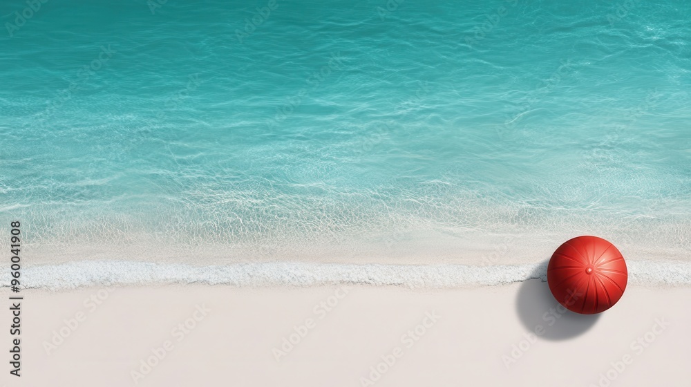 Top-down view of a tranquil beach with a single red umbrella contrasting the turquoise water and white sand, symbolizing solitude, relaxation, and scenic beauty. Top-down view of a tranquil beach with a single red umbrella contrasting the turquoise water and white sand, symbolizing solitude, relaxation, and scenic beauty.