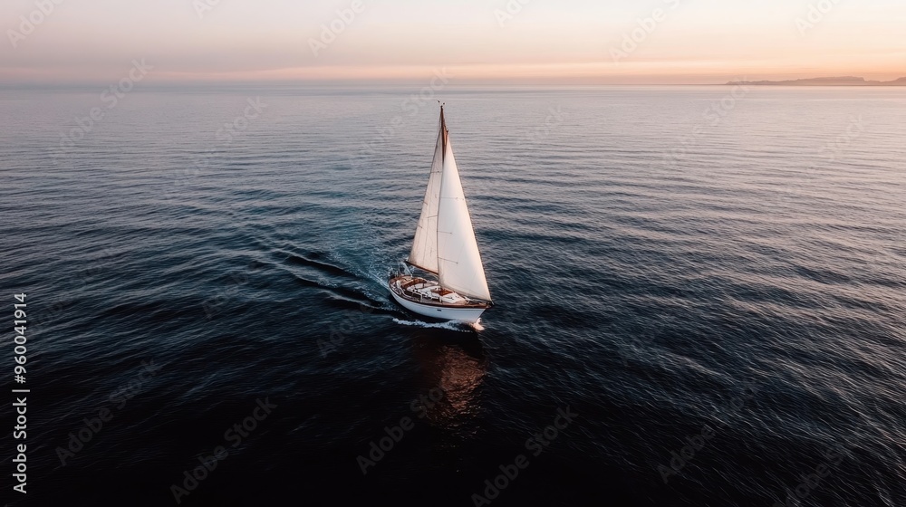 Fototapeta premium An aerial view of a sailboat sailing peacefully on calm ocean water during sunset, capturing the essence of tranquility, calmness, and the beauty of nature.