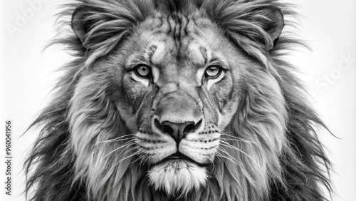 Majestic lion's regal face in high-contrast black and white, showcasing whiskers, nose, and piercing eyes, set against a clean white background, exuding power and elegance.