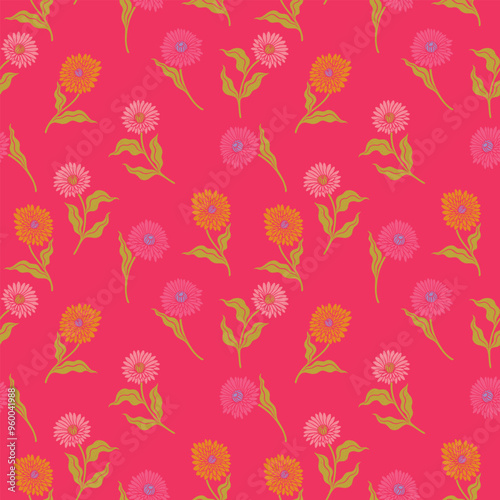 Hand drawn orange, pink blooming flowers on fuchsia background, seamless pattern. Botanical floral linocut textured backdrop, vintage retro vibes.