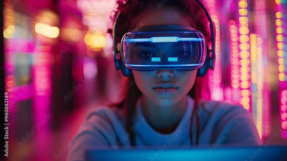 Cropped shot of a young female student wearing a VR glasses and using a laptop. Cropped shot of a young female student wearing a VR glasses and using a laptop.