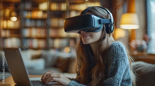 Cropped shot of a young female student wearing a VR glasses and using a laptop. photo