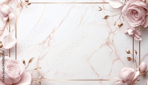 Fototapeta Naklejka Na Ścianę i Meble -  Pink Roses with Gold Accents on Marble Background