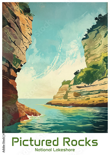 Pictured Rocks National Lakeshore Poster Illustration Travel Print Decor Gift Paper Canvas Wall Retro Art photo