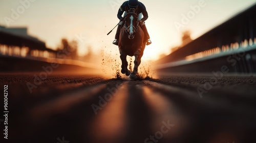 A breathtaking view of a jockey racing a horse at full speed on a dirt track, captured during sunset, showcasing the energy and adrenaline of horse racing.