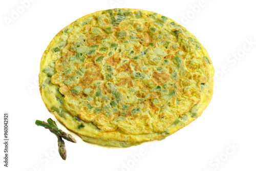 Frittata con gli asparagi or asparagus omelette is the name of a typical dish of the Italian culinary tradition on white background photo