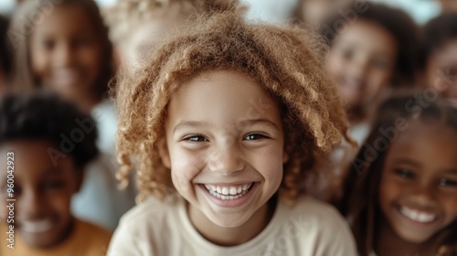 A delightful image of a young girl laughing joyfully while surrounded by her friends in a happy and playful setting, reflecting the pure exuberance and bliss of childhood. photo