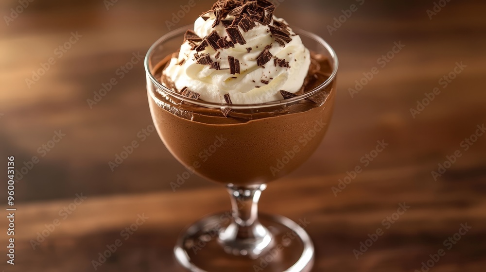 A decadent chocolate mousse in a fancy glass, topped with a dollop of whipped cream and chocolate shavings, making it an irresistible dessert choice. A decadent chocolate mousse in a fancy glass, topped with a dollop of whipped cream and chocolate shavings, making it an irresistible dessert choice.