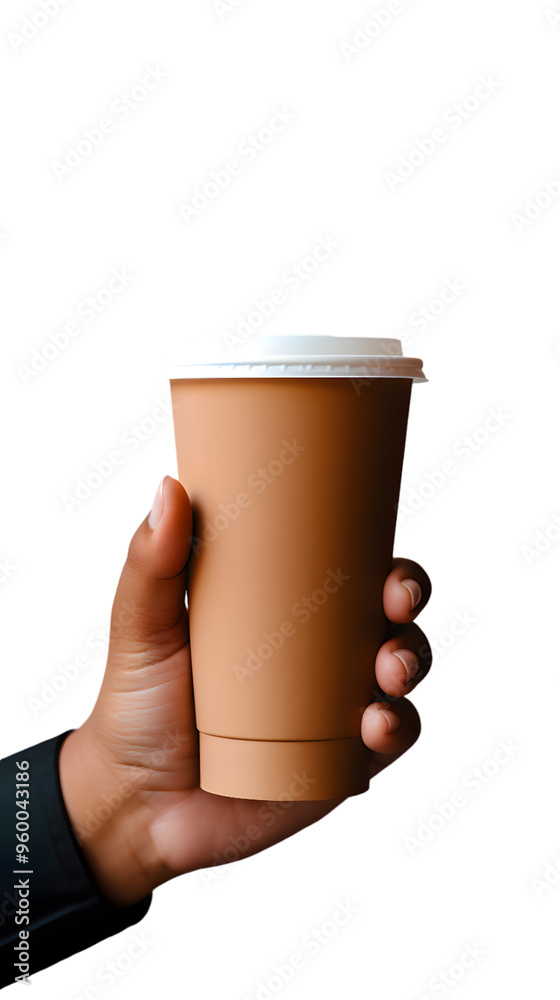 Hand holding a brown paper coffee mock up isolated on transparent background Hand holding a brown paper coffee mock up isolated on transparent background