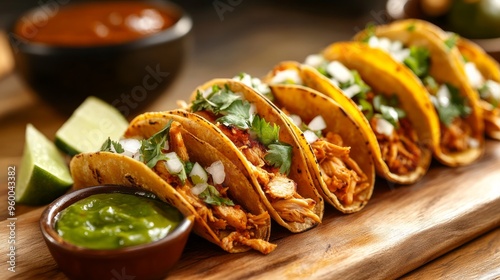 Delicious Mexican chicken tacos with sauces served on table restaurant. Traditional tacos al pastor with sauces served on a wooden board