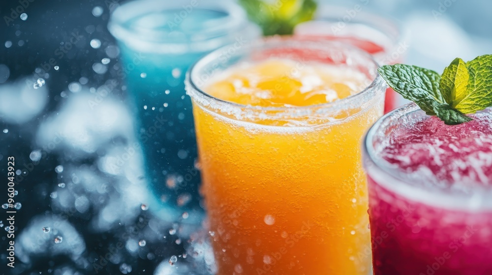 Four colorful frozen drinks in glasses, each garnished with fresh mint leaves, displayed with a background of ice and splashes of water, creating a refreshing scene. Four colorful frozen drinks in glasses, each garnished with fresh mint leaves, displayed with a background of ice and splashes of water, creating a refreshing scene.
