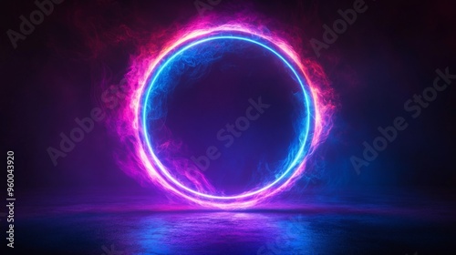 Neon Glowing Oval Portal in Dark Room