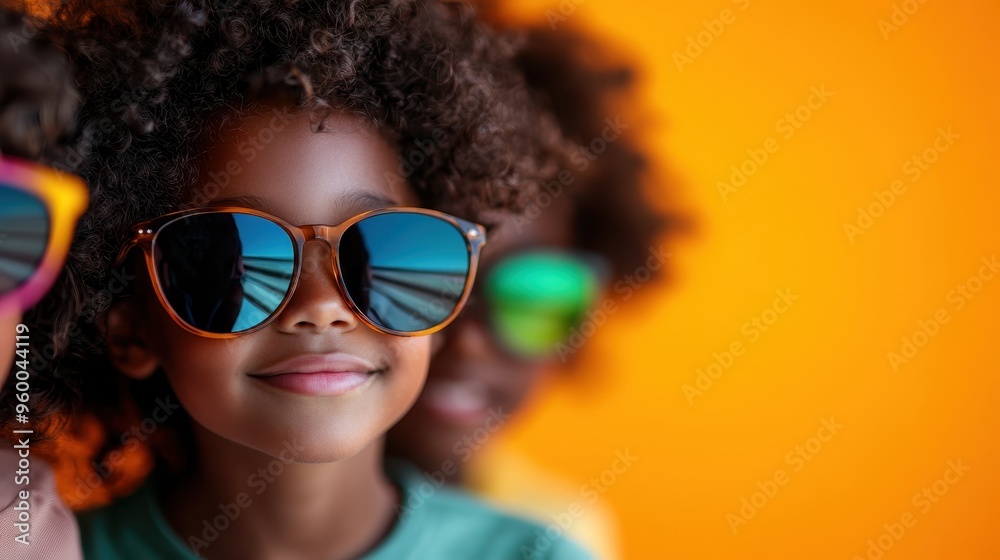 A vibrant image featuring cheerful children with curly hair, wearing colorful sunglasses, in front of a bright orange background, exuding fun, joy, and playful energy. A vibrant image featuring cheerful children with curly hair, wearing colorful sunglasses, in front of a bright orange background, exuding fun, joy, and playful energy.