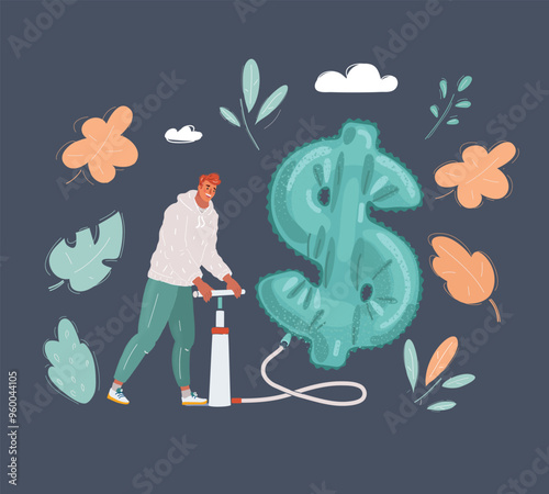 Cartoon vector illustration of young businessman pumping air in dollar shape balloon, Business concept