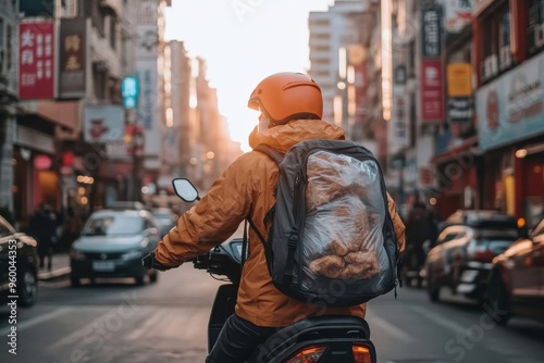 A delivery person donning a helmet and bright orange jacket rides a motorbike with a large transparent backpack, navigating through an urban street teeming with activity.