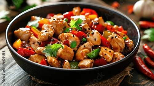 Kung Pao chicken, stir-fried with vegetables and chili peppers.