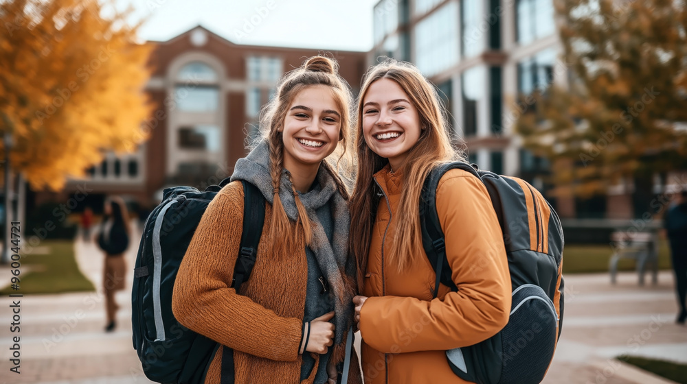 Two smiling young women with backpacks are standing close together on a college campus during autumn, with an academic building and colorful trees in the background. Two smiling young women with backpacks are standing close together on a college campus during autumn, with an academic building and colorful trees in the background.