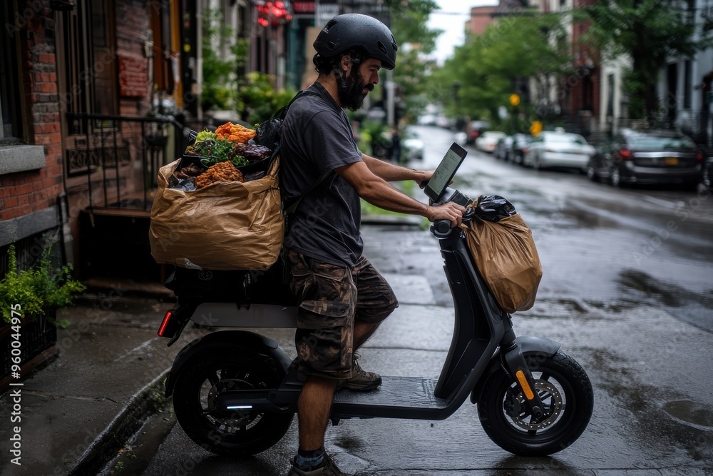 Obraz premium A delivery person on a scooter navigates through a city street in the rain, carrying groceries in a large brown paper bag, showcasing the urban delivery service.