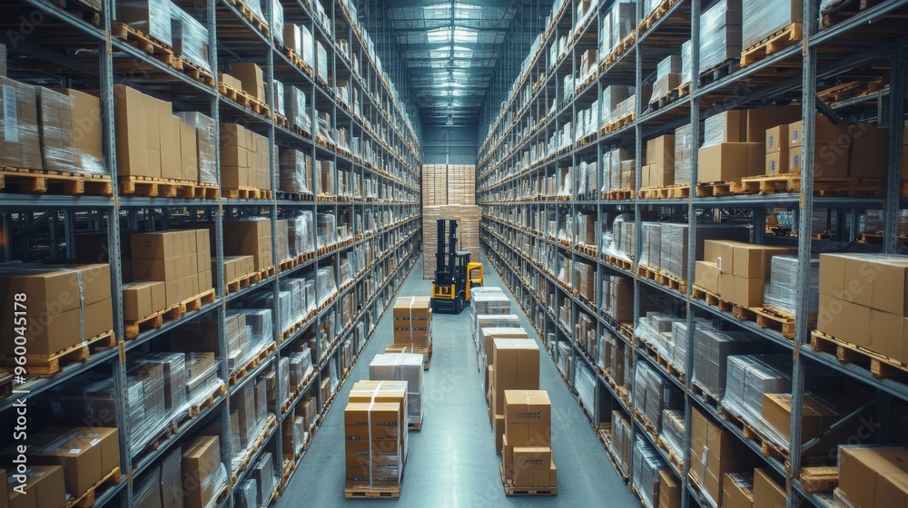 Warehouse with forklift and stacked boxes Warehouse with forklift and stacked boxes