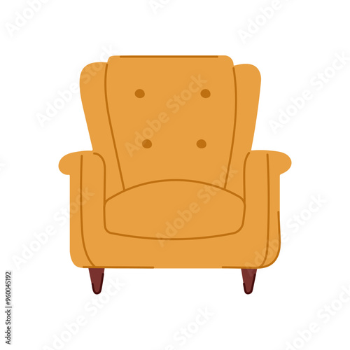 Yellow upholstered armchair with tufted buttons on the backrest and wooden legs. Cozy and classic design for living room interior decor. Vector illustration isolated on a white background.