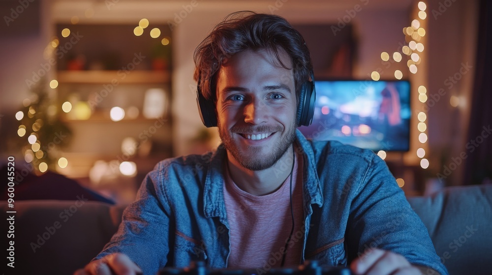 Young Man Enjoying Video Games at Home Young Man Enjoying Video Games at Home