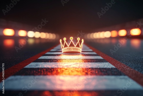 A 3D crown glowing at the end of a race track, symbolizing crossing the finish line as a champion  photo