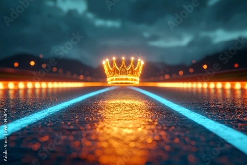 A 3D crown glowing at the end of a race track, symbolizing crossing the finish line as a champion  photo