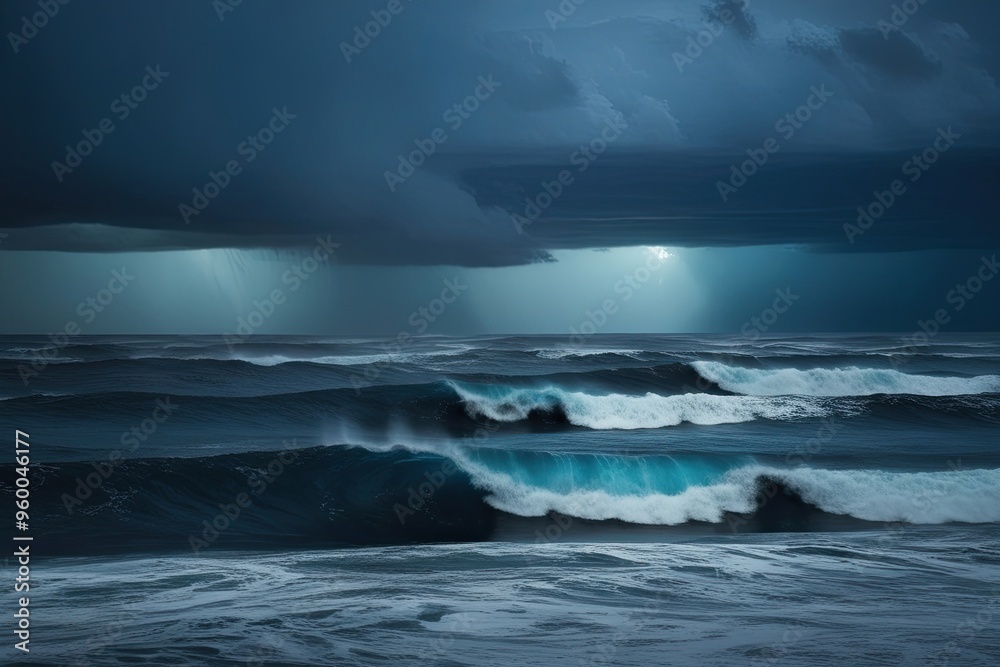 Fototapeta premium Cobalt Waves Landscape Stormy Scene with Shimmering Light and Textured Detail