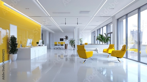 open plan modern office with white and yellow furniture