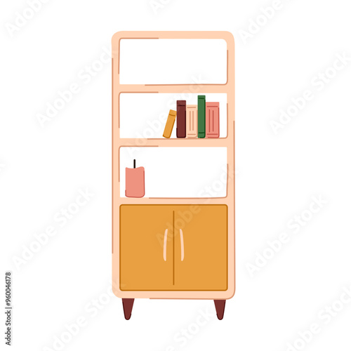 Wooden bookshelves with books and candle in flat style. Furniture for living room, cabinet, office and home. Vector illustration isolated on a white background.