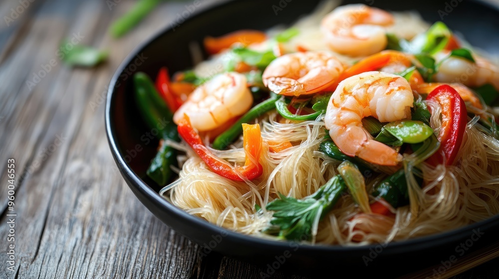 Mai fun, rice vermicelli noodles, stir-fried with vegetables and shrimp ...