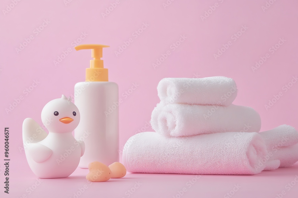 Baby Bath Time Essentials on Pink Background Baby Bath Time Essentials on Pink Background
