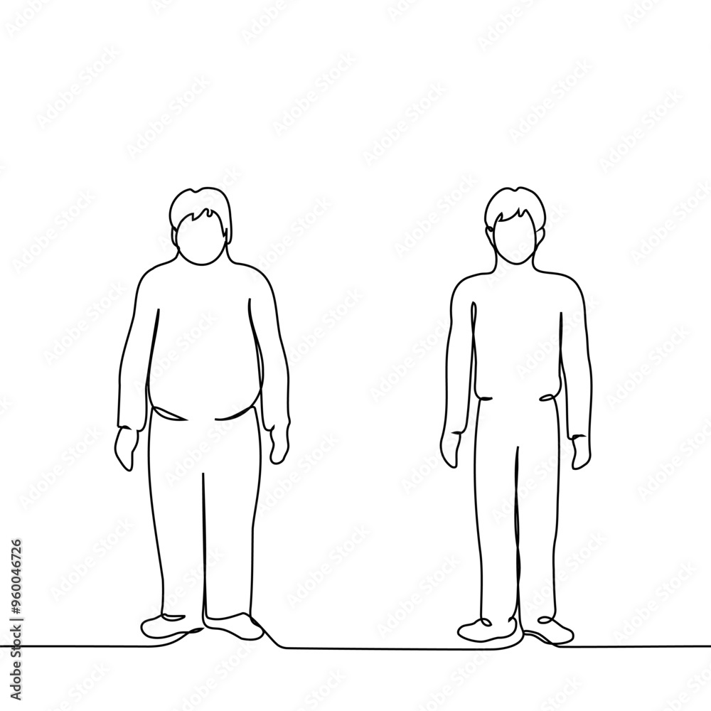 men standing next to overweight and slim - one line art vector. concept before and after weight loss men standing next to overweight and slim - one line art vector. concept before and after weight loss