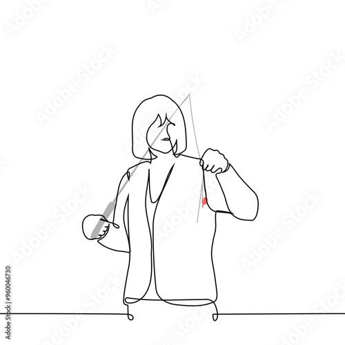 woman with a fishing rod with a red float - one line art vector. concept fisherwoman fishing